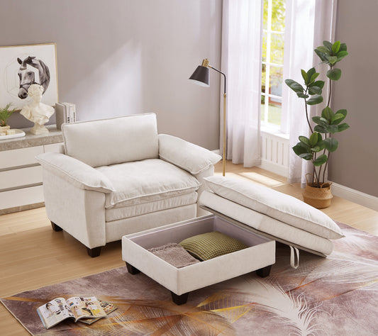 51" Oversize Chaise Lounge Chair with Ottoman and Storage  Upholstered Soft Chenille Beige