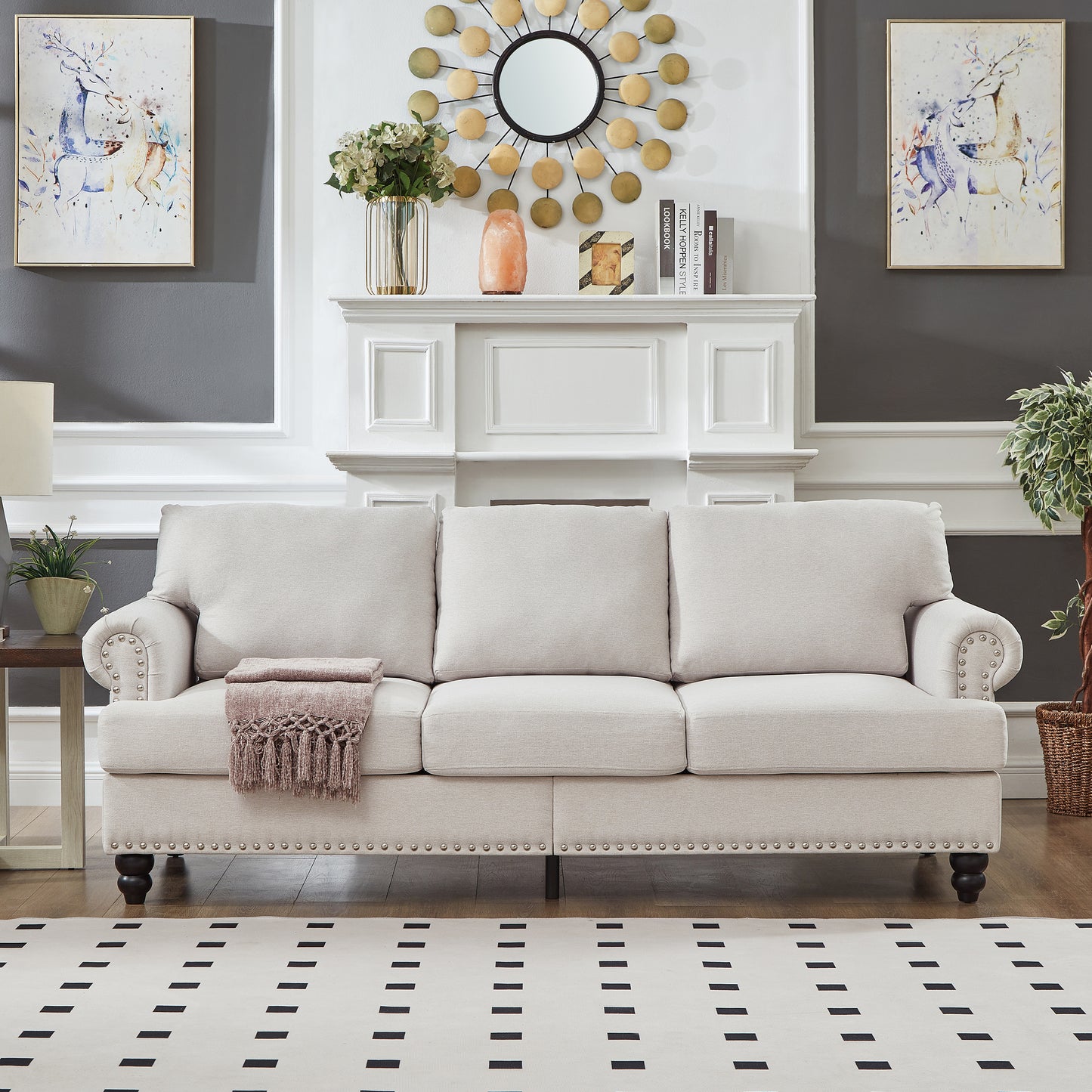 3 Seat Beige Polyester Sofa - 83" Classic Style Sofa for Living Room