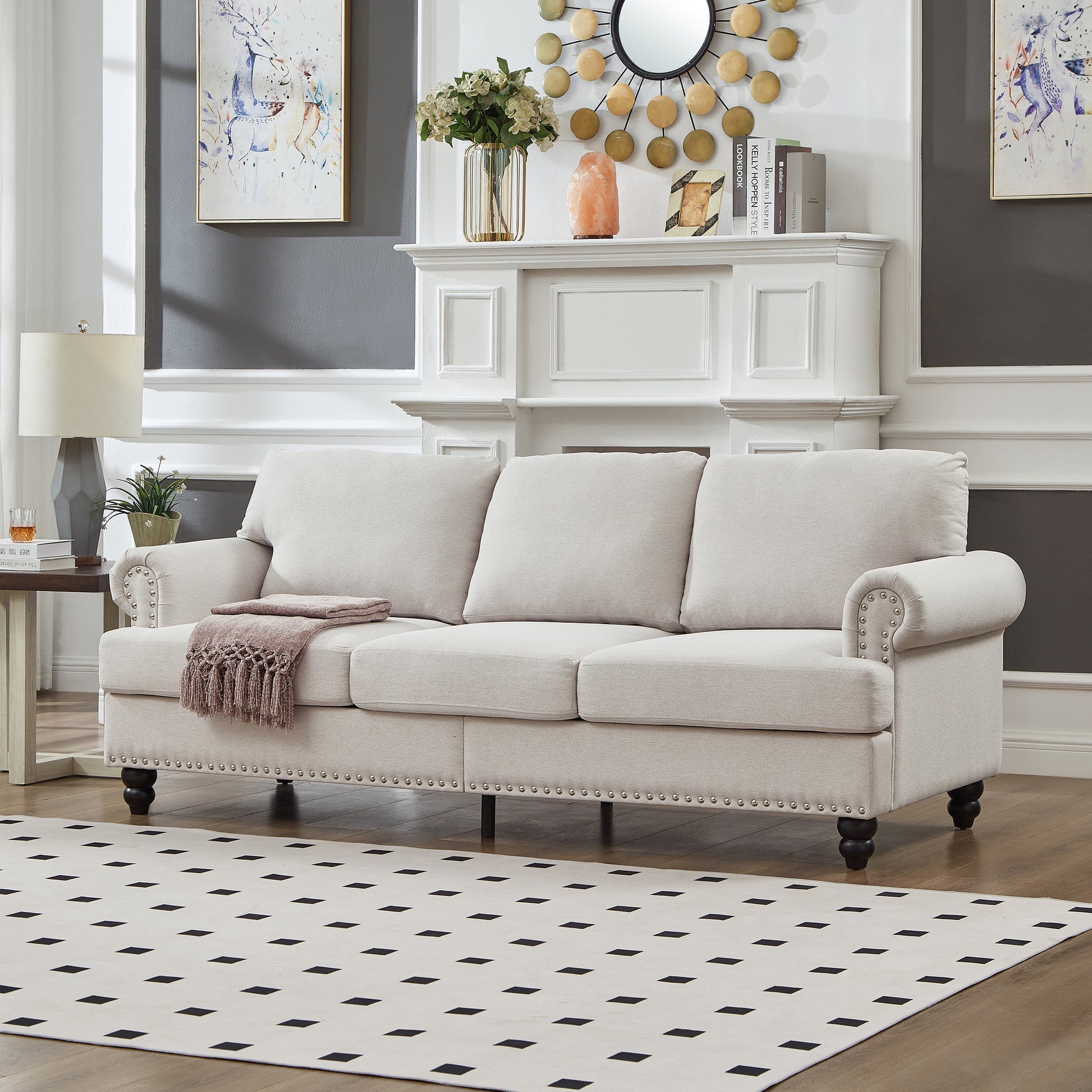 3 Seat Beige Polyester Sofa - 83" Classic Style Sofa for Living Room