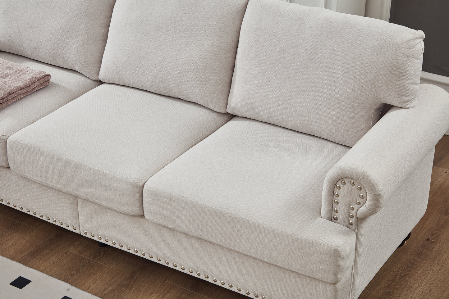 3 Seat Beige Polyester Sofa - 83" Classic Style Sofa for Living Room