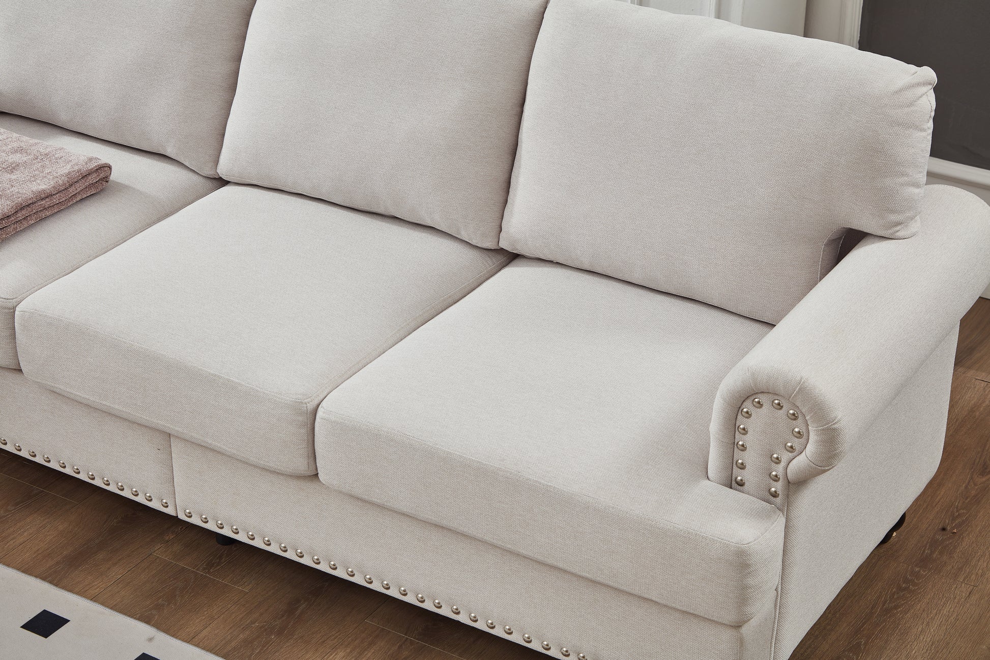 3 Seat Beige Polyester Sofa - 83" Classic Style Sofa for Living Room