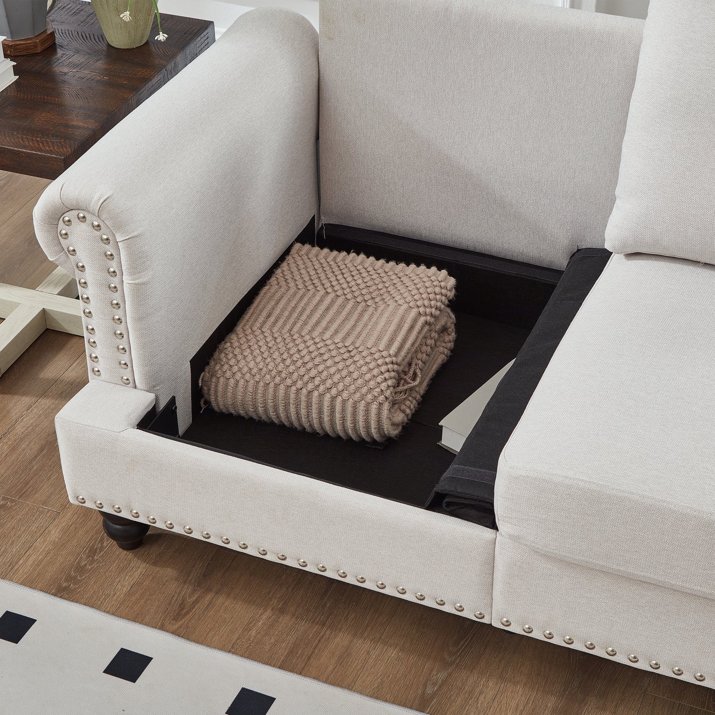 3 Seat Beige Polyester Sofa - 83" Classic Style Sofa for Living Room