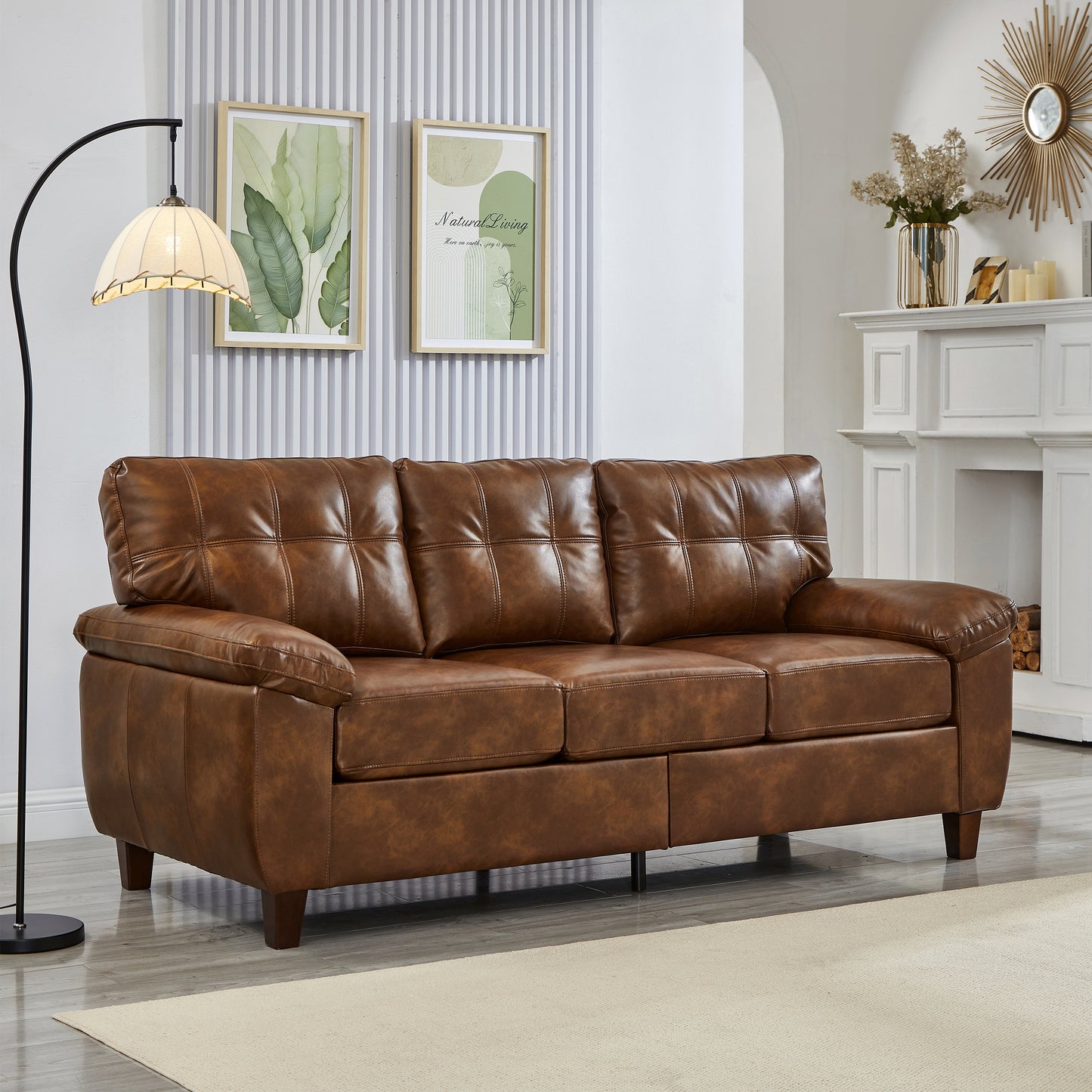 79" Three Seater Sofa Modern Design Faux Leather Couch,Living Room Sofa with Storage,Big Armrest Sofa,Upholstered Breathable PU Leather Sofa,Brown