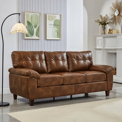 79" Three Seater Sofa Modern Design Faux Leather Couch,Living Room Sofa with Storage,Big Armrest Sofa,Upholstered Breathable PU Leather Sofa,Brown
