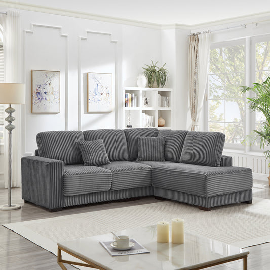 93" Sectional Sofa, L Shaped Sofa Couch with Reversible Chaise Lounge, Upholstered Soft Corduroy Couch for Living Room, Apartment (Grey)