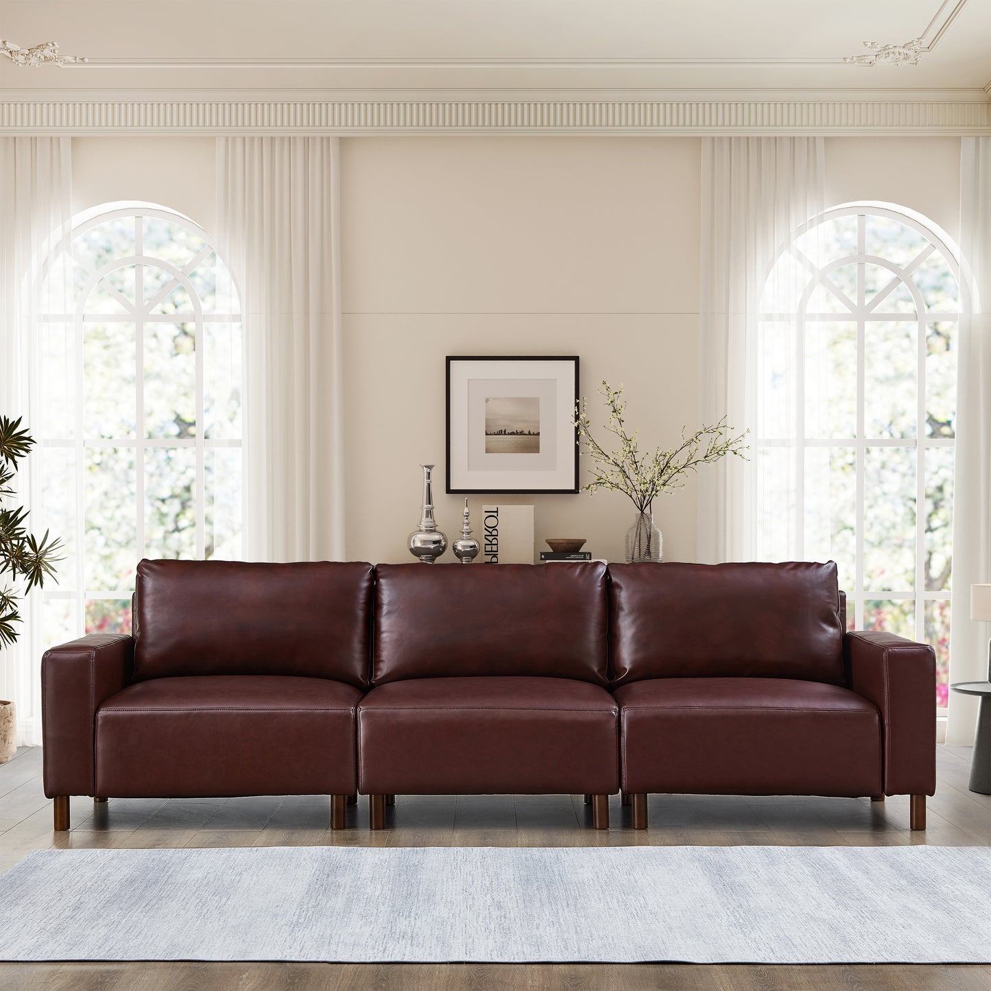 112" Luxury PU Leather Sofa for Living Room,Apartment,Upholstered Breathable Faux Leather PU Couch with Wood Legs, Burgundy