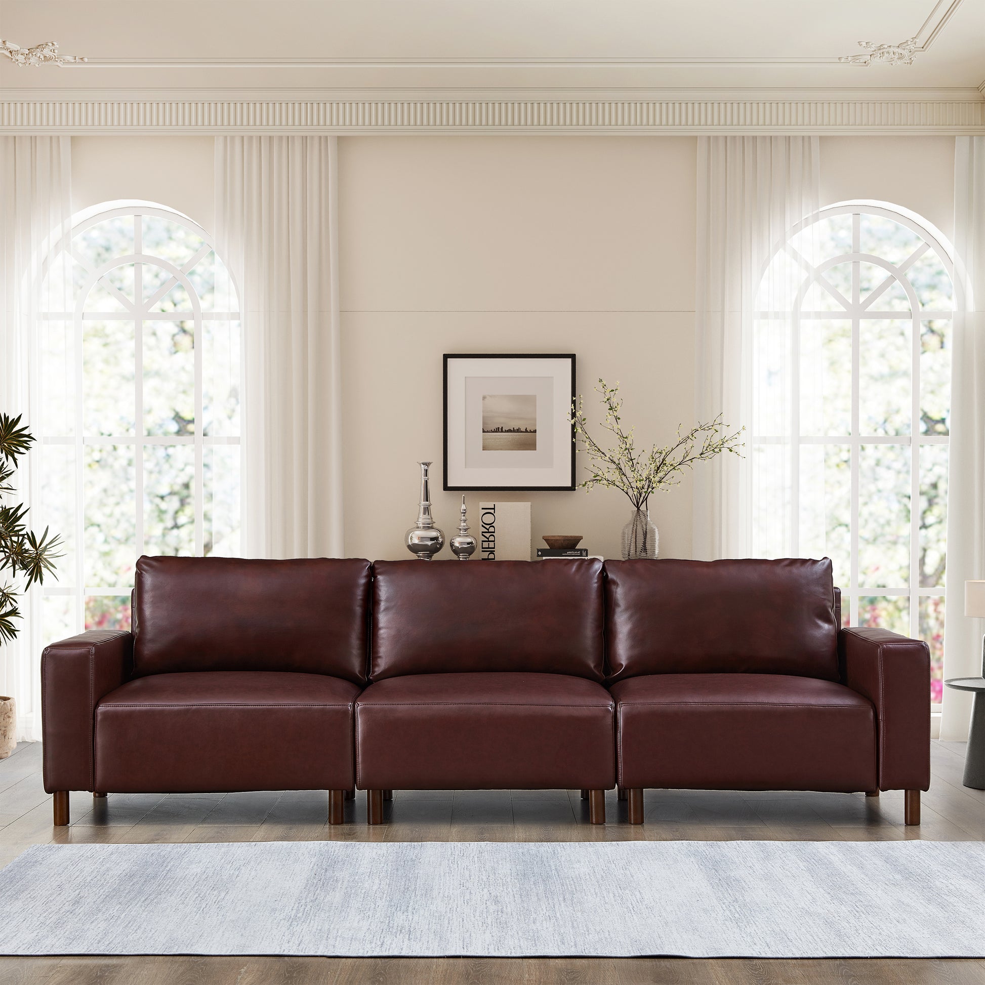 112" Luxury PU Leather Sofa for Living Room,Apartment,Upholstered Breathable Faux Leather PU Couch with Wood Legs, Burgundy