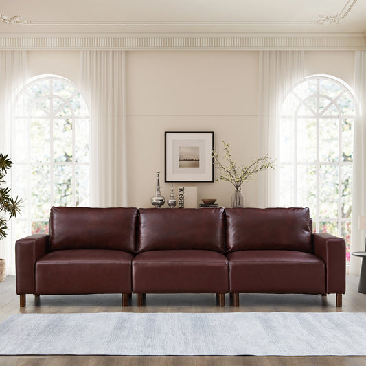 112" Luxury PU Leather Sofa for Living Room,Apartment,Upholstered Breathable Faux Leather PU Couch with Wood Legs, Burgundy