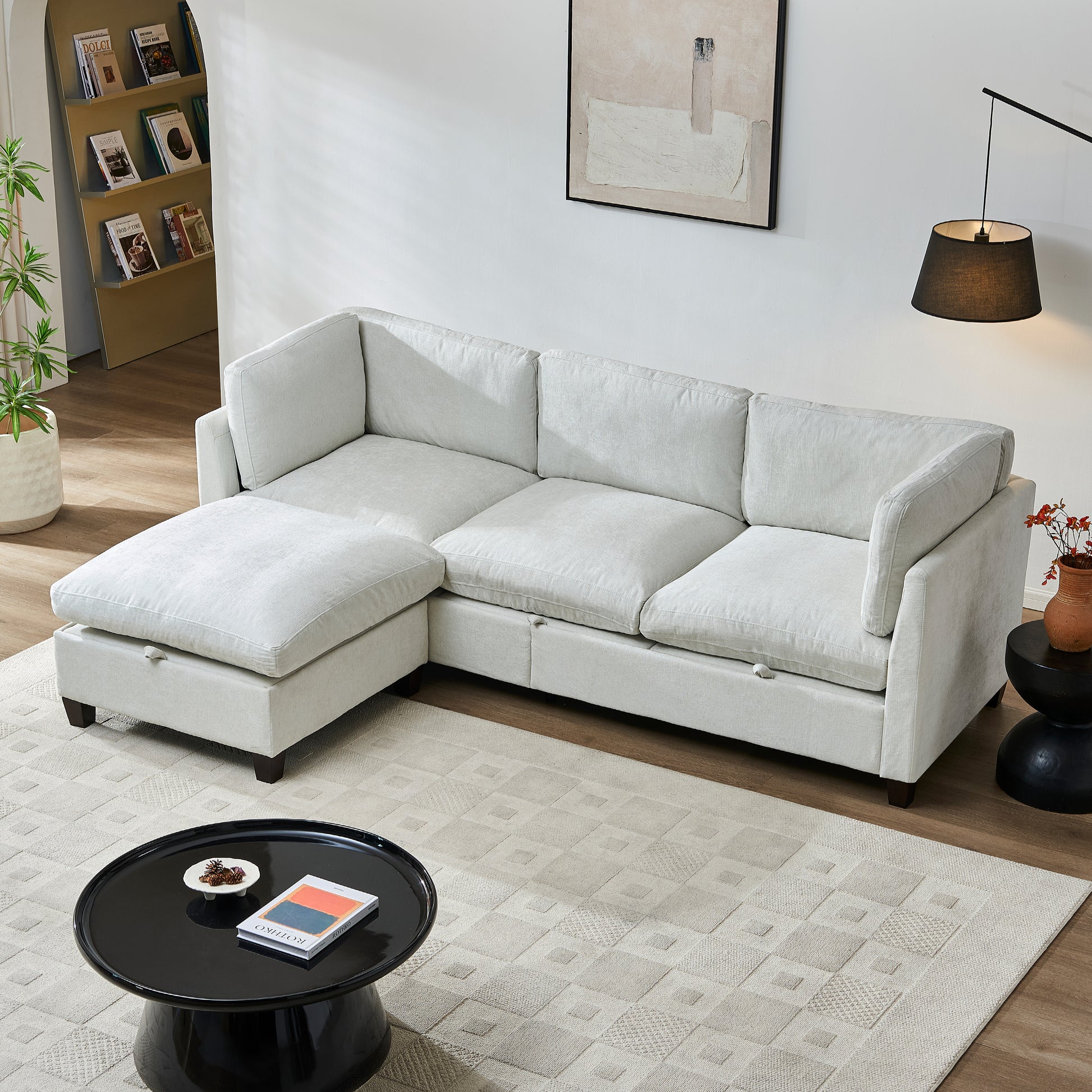 3 Seat Beige Chenille Sectional Sofa with Ottoman