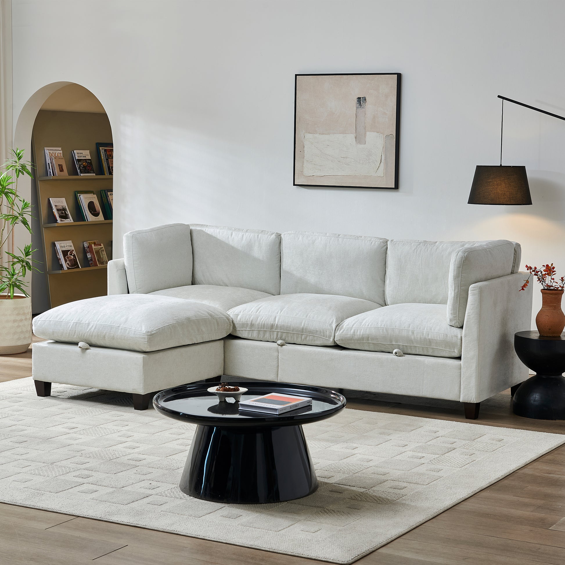 3 Seat Beige Chenille Sectional Sofa with Ottoman