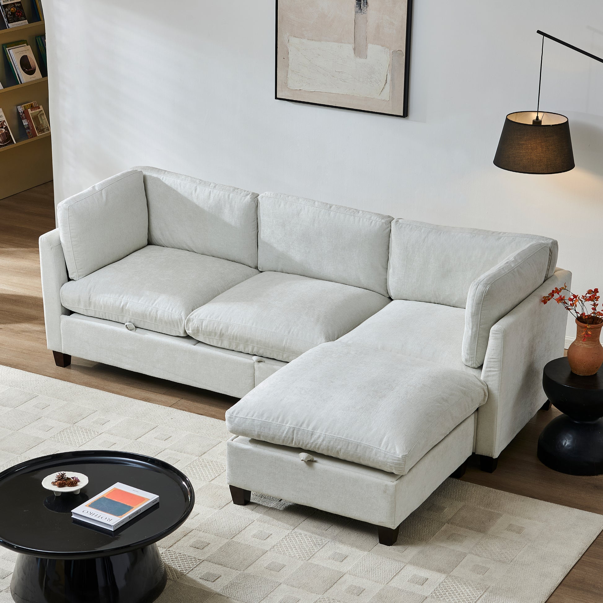 3 Seat Beige Chenille Sectional Sofa with Ottoman