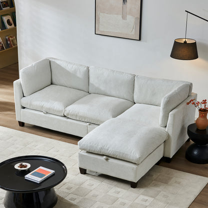 3 Seat Beige Chenille Sectional Sofa with Ottoman