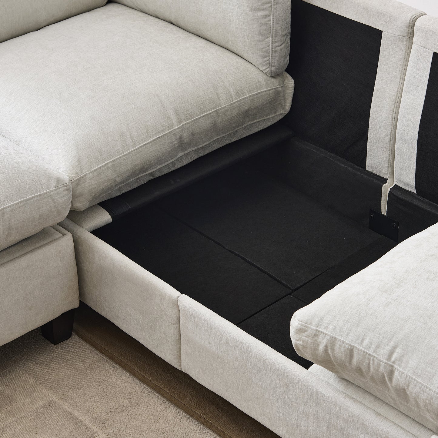 3 Seat Beige Chenille Sectional Sofa with Ottoman