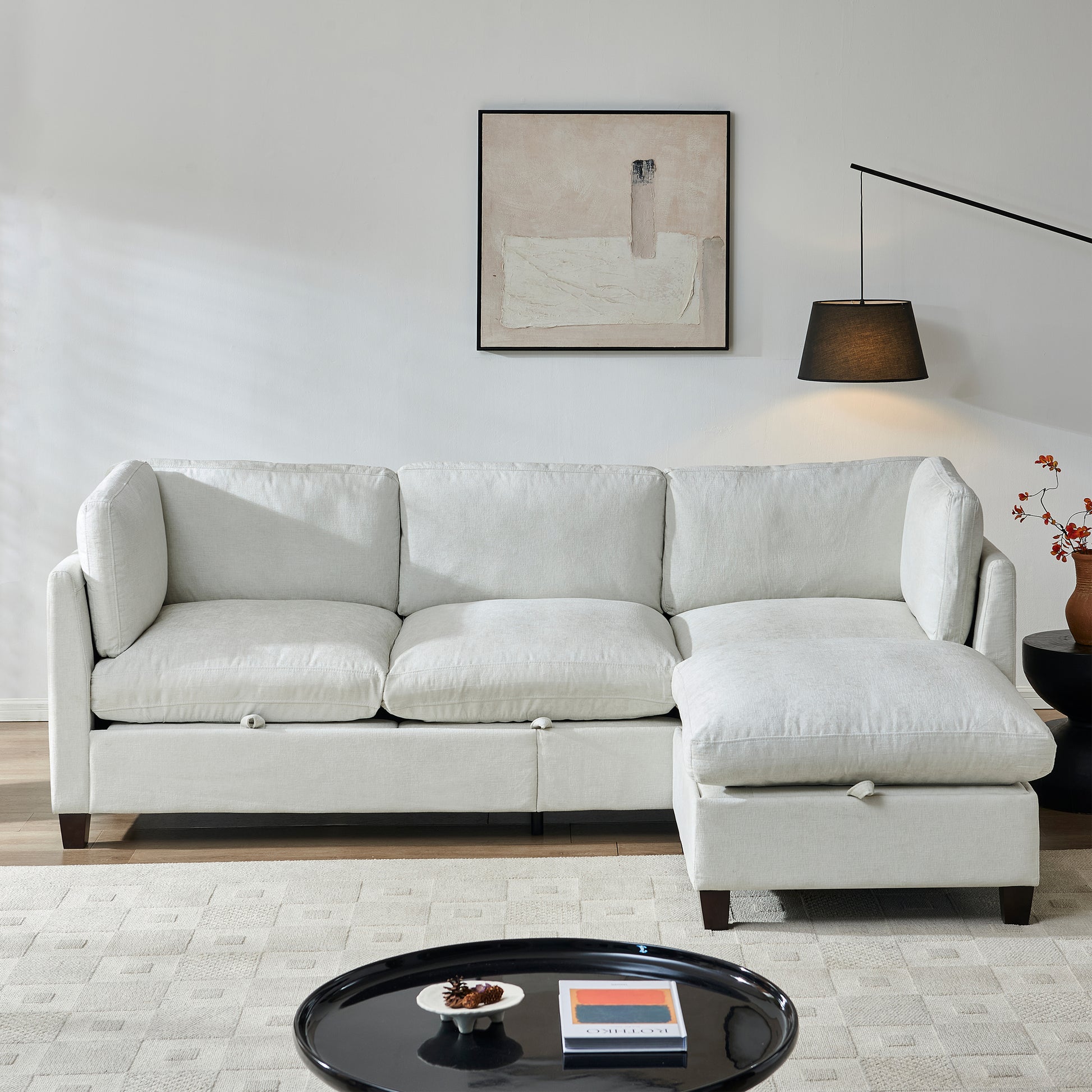 96.5"  Sectional Couch for Living room, Upholstered Soft Chenille Fabric Sofa, 3-Seater with One Ottoman L Shape Sofa Beige
