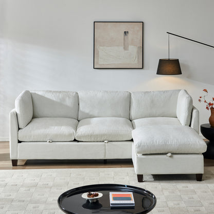 96.5"  Sectional Couch for Living room, Upholstered Soft Chenille Fabric Sofa, 3-Seater with One Ottoman L Shape Sofa Beige