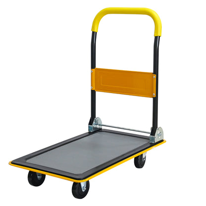 Flatbed Cart, 330lbs Heavy Duty Capacity Platform Hand Truck 360 Degree Swivel Wheels Foldable Push Hand Cart for Loading and Storage, Warehouse-Yellow
