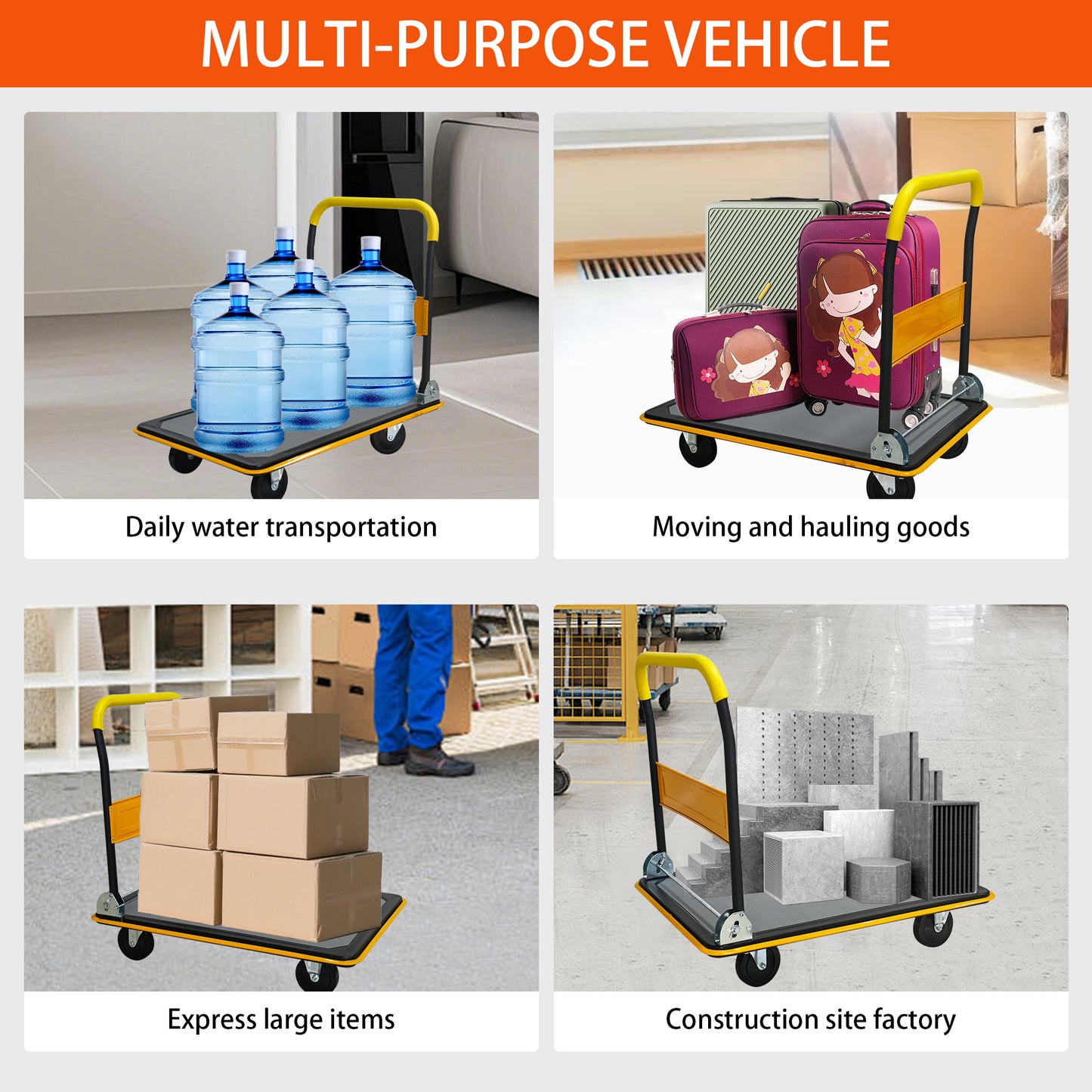 Foldable Flatbed Cart - Yellow Steel Hand Truck
