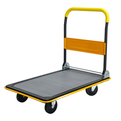 Flatbed Cart, 660lbs Heavy Duty Capacity Platform Hand Truck 360 Degree Swivel Wheels Foldable Push Hand Cart for Loading and Storage, Warehouse-Yellow