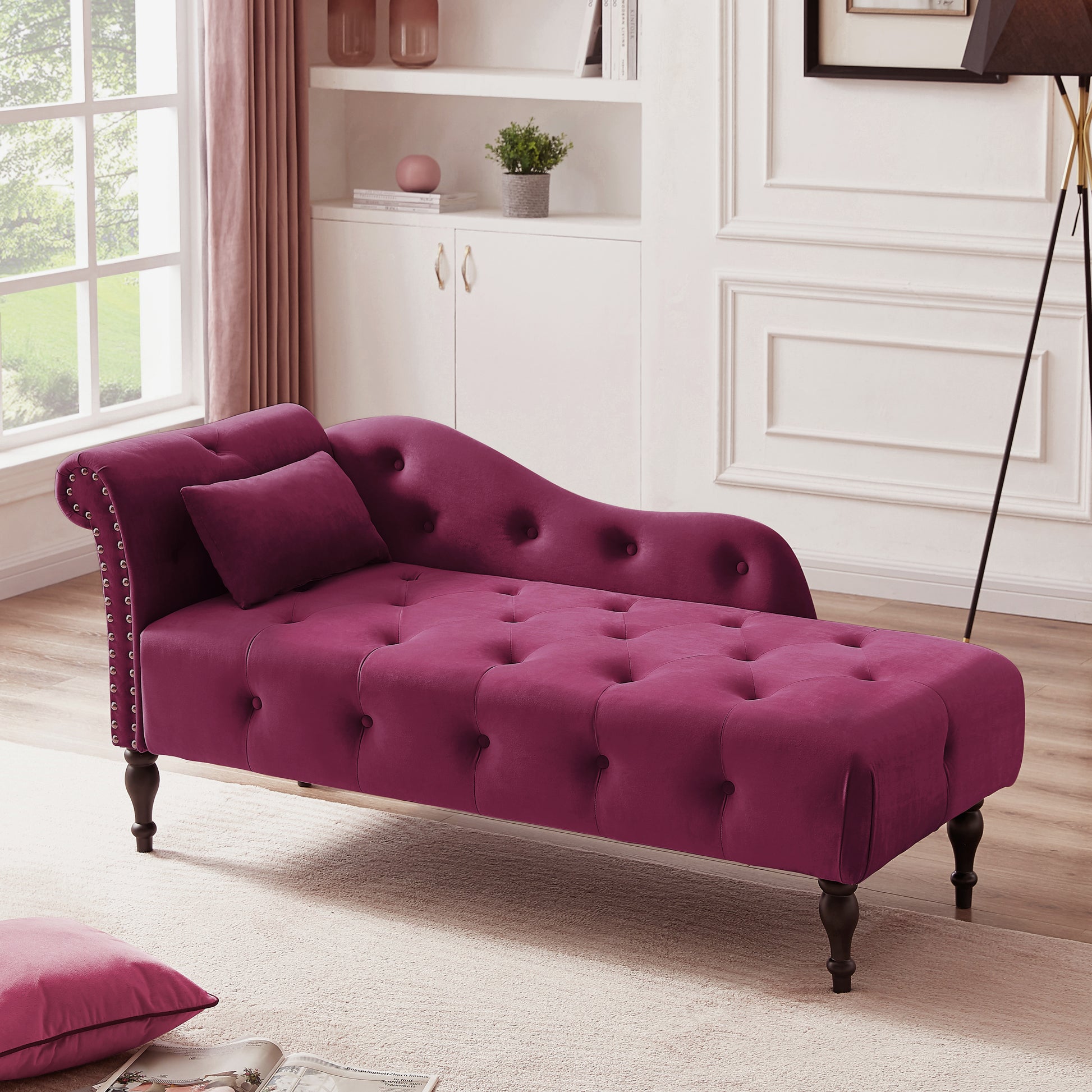 Aijia 60.6" Velvet Chaise Lounge Buttons Tufted Nailhead Trimmed Solid Wood Legs with 1 Pillow,Burgundy  (Left Arm Design as Shown in the Picture)