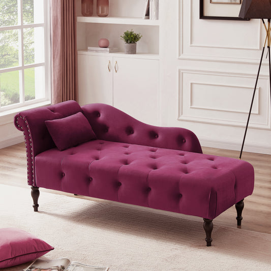 Aijia 60.6" Velvet Chaise Lounge Buttons Tufted Nailhead Trimmed Solid Wood Legs with 1 Pillow,Burgundy  (Left Arm Design as Shown in the Picture)