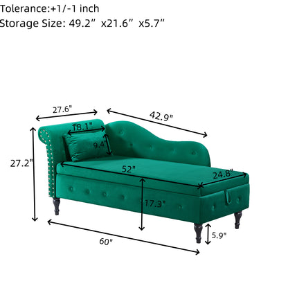60" Green Velvet Bedroom Chaise Lounge with Storage for Living Room