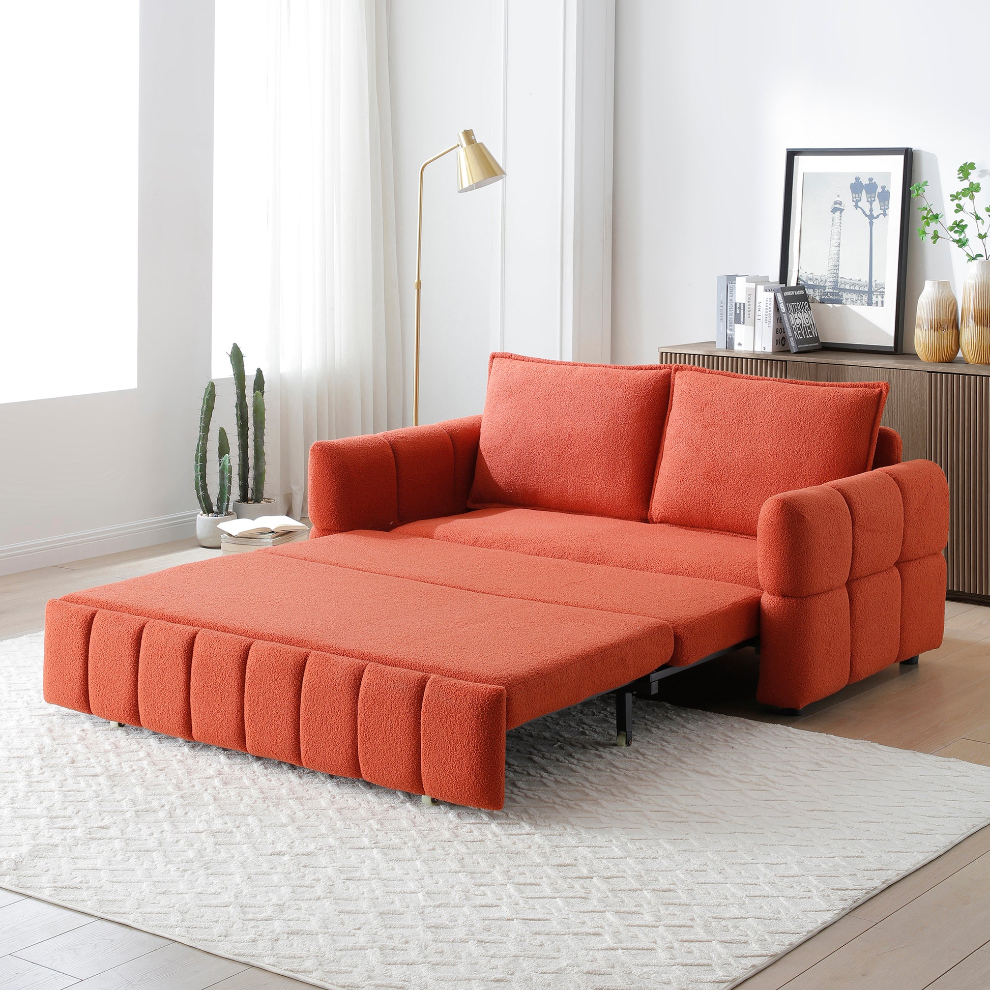 Sleeper Sofa, Sofa Bed- 3 in 1 Pull Out Couch Bed with Teddy Chaise for Living Room, Sofa Sleeper with Pull Out Bed,3color,Orange