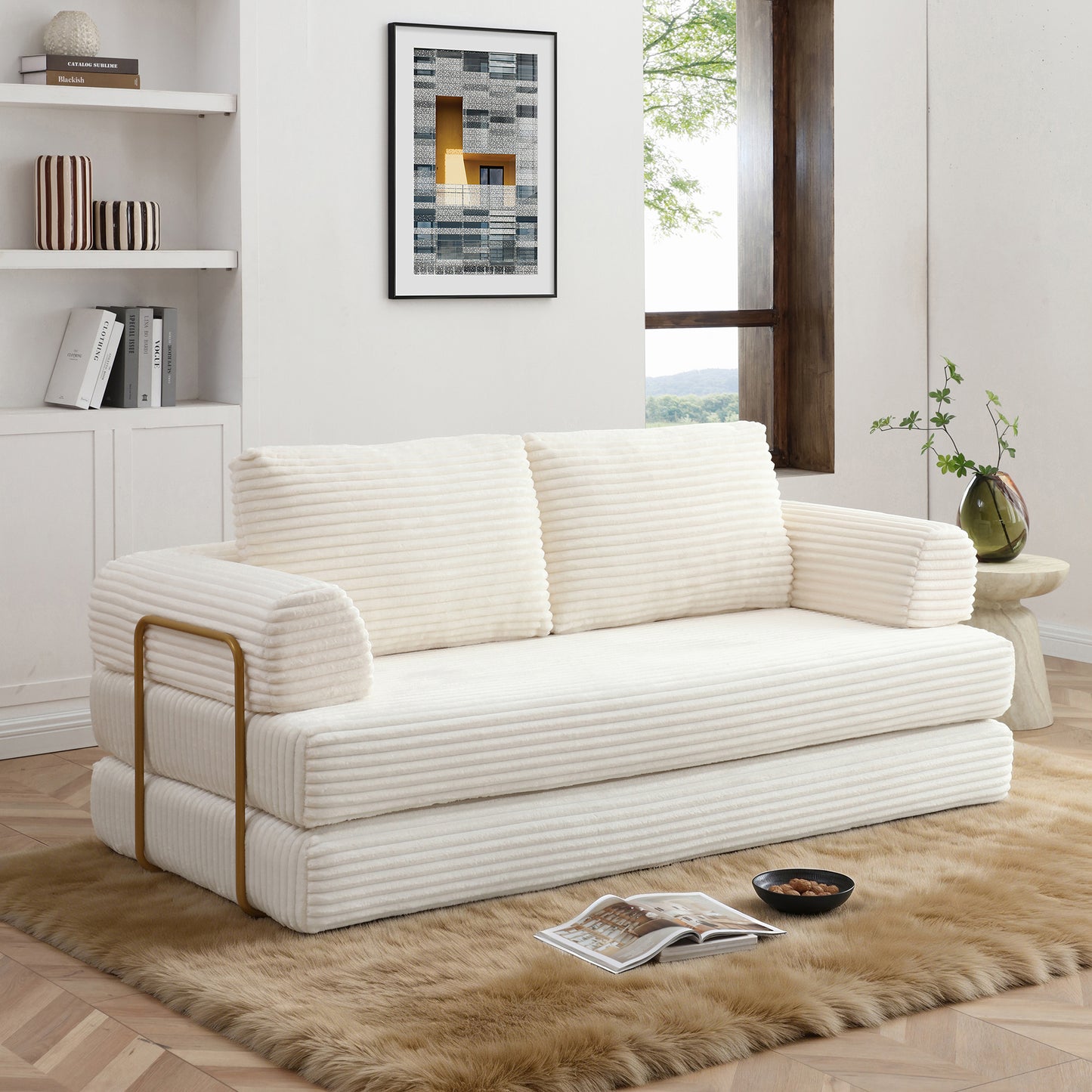 Convertible Sofa Bed, Folding Floor Couch Corduroy Fold Out Couch Bed Futon Sleeper Mattress with Pillows, Boneless Sofa  for Living Room Bedroom, Beige
