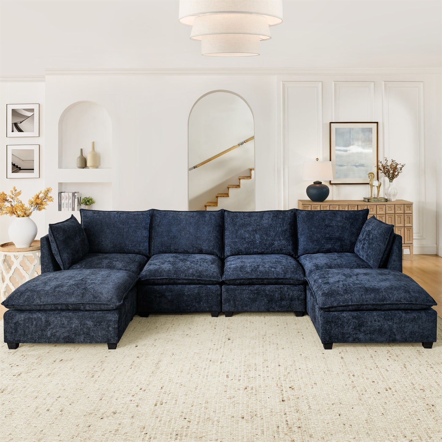 Comfy Cloud Couch Sectional  4 Seat Sofa with 2 Ottoman, Chenille Sofa Sleeper Deep Seat Sofa with Throw Pillows for Living Room(Blue)