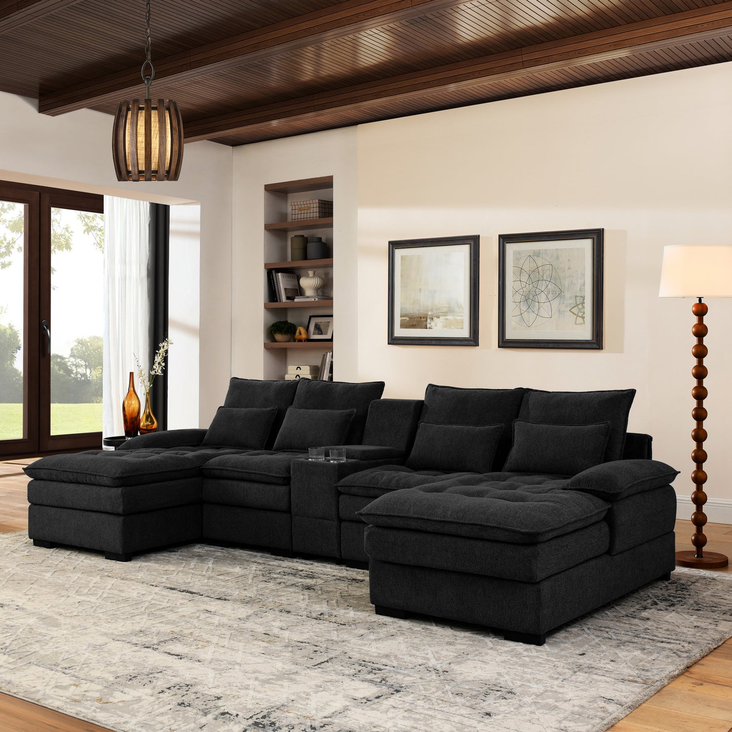 130" U-shaped Sofa with Console,Cupholders,Usb,6-seat Upholstered primary living space Furniture,Sleeper Couch Set with Chaise for Living Room,Apartment, (BLACK)