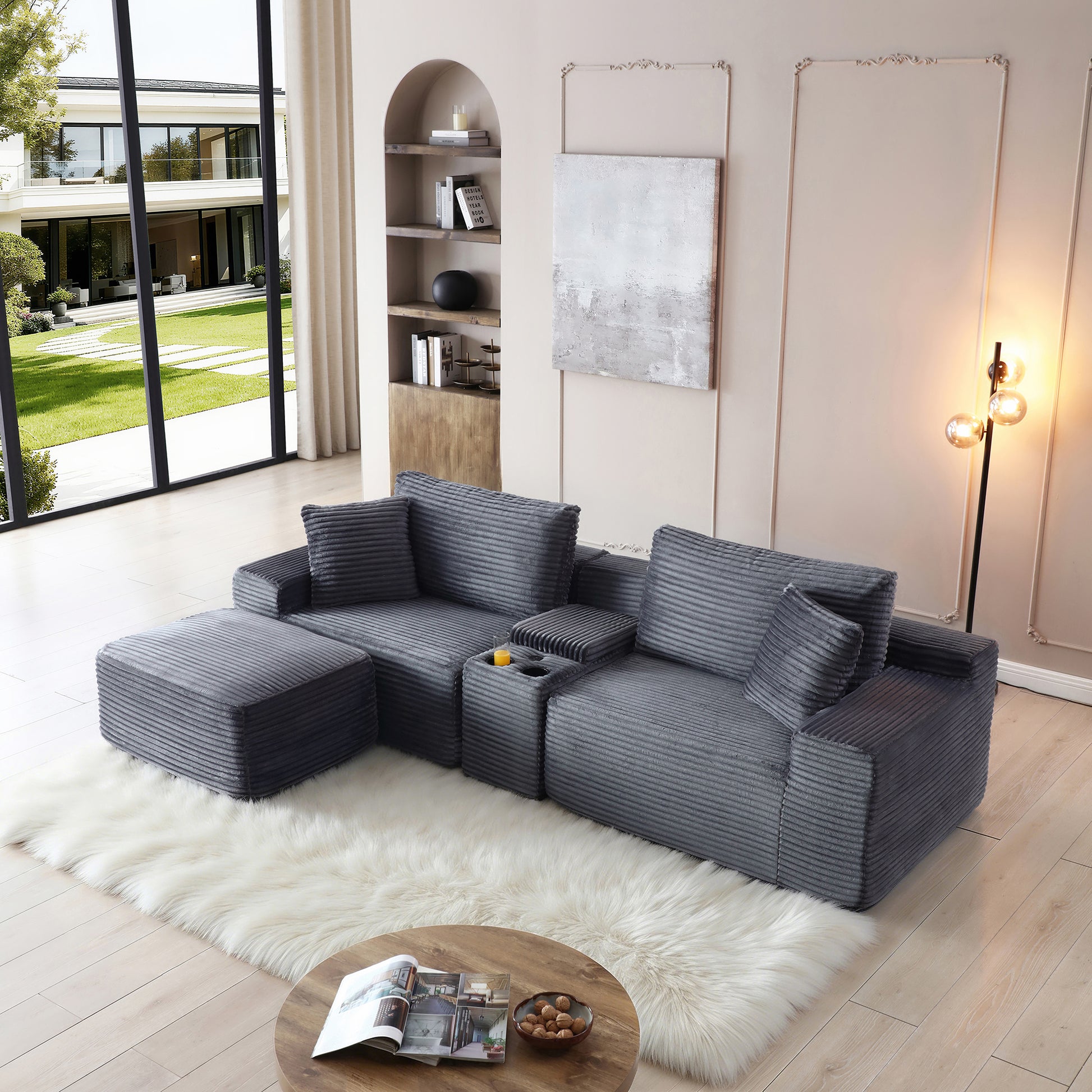 Modular Sectional Sofa, Deep Seat Corduroy Cloud Couch with Cup Holders, USB Ports & Storage Box, Sleeper Sofa Couch Boneless Couches With Movable Ottoman for Living Room, No Assembly Required,Grey