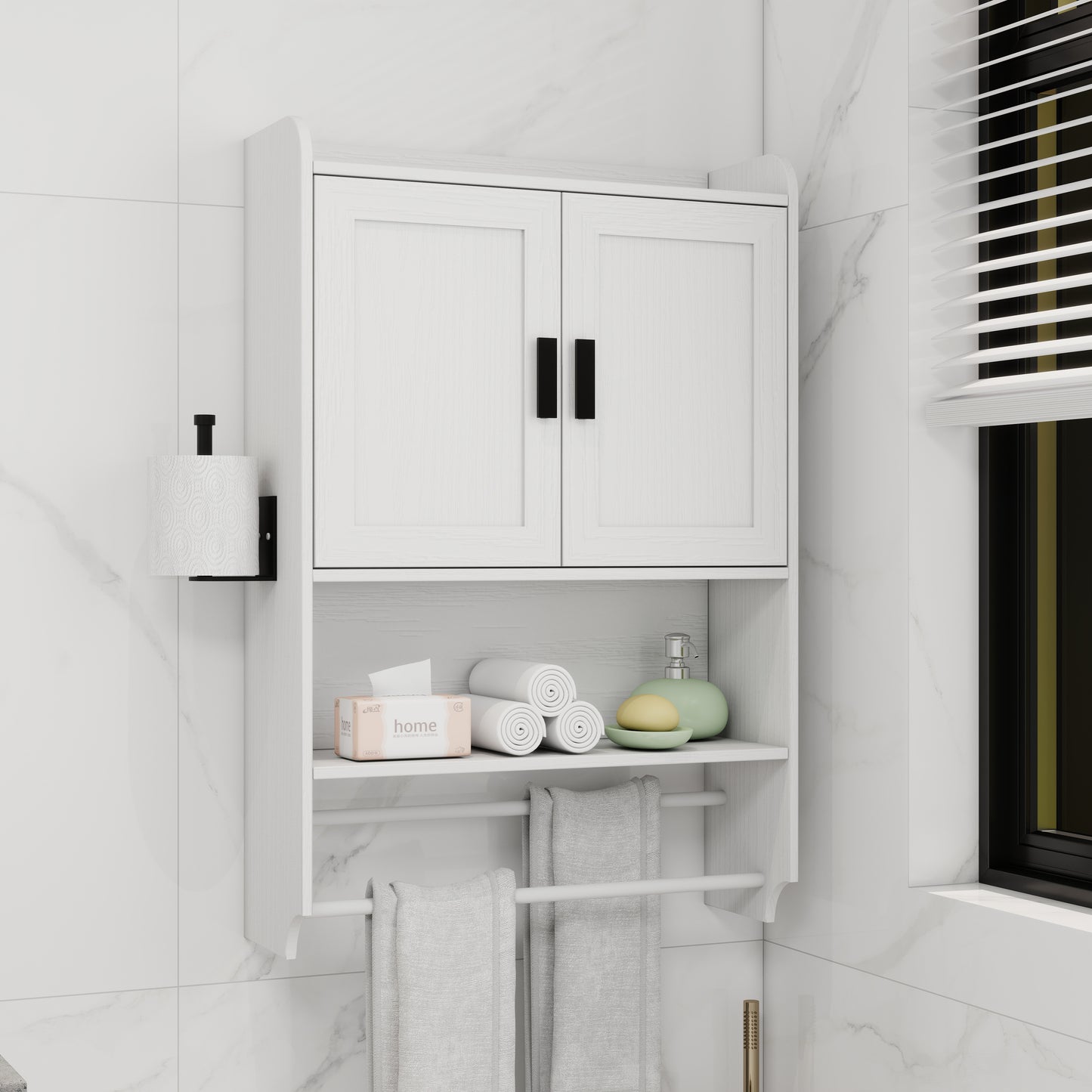 White Wood Metal Bathroom Wall Cabinet - Adjustable Shelf Storage