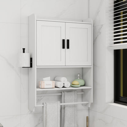White Wood Metal Bathroom Wall Cabinet - Adjustable Shelf Storage