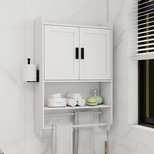 White Wood Metal Bathroom Wall Cabinet - Adjustable Shelf Storage
