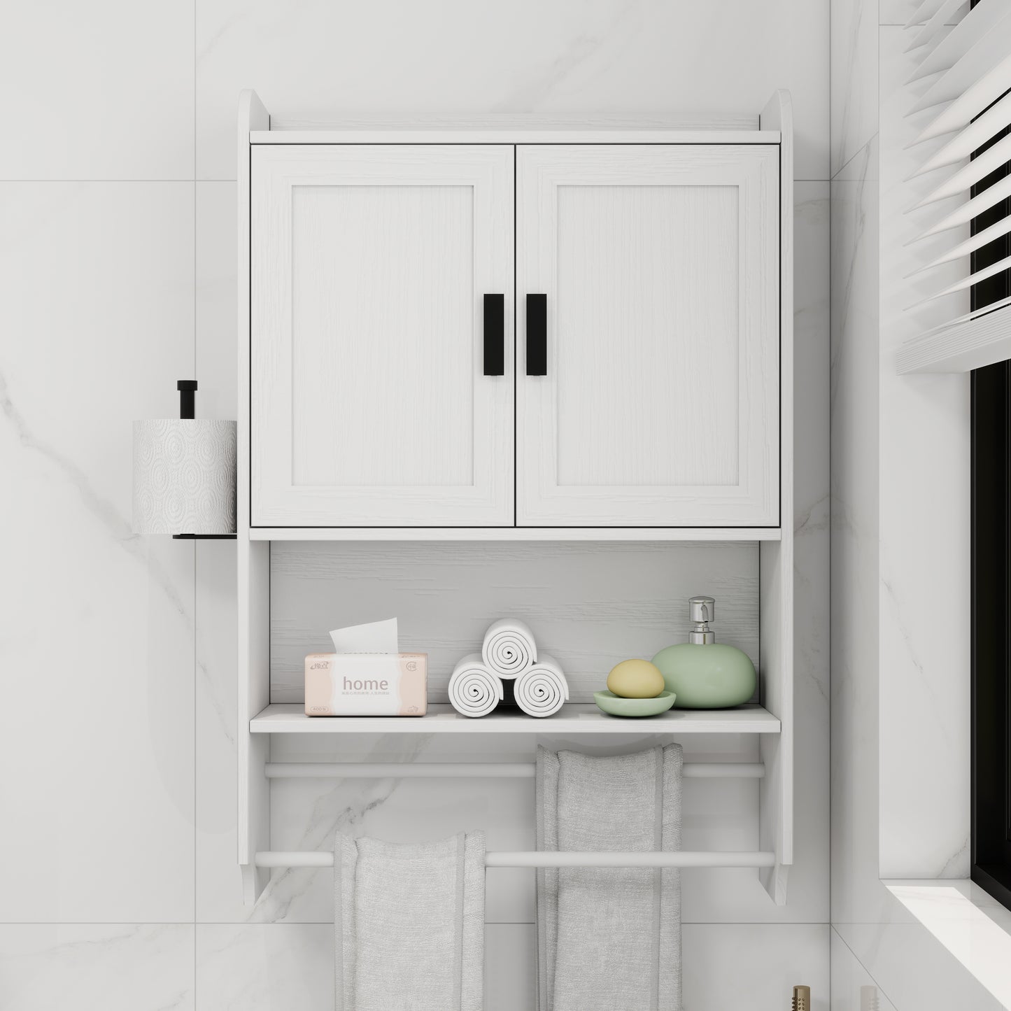White Wood Metal Bathroom Wall Cabinet - Adjustable Shelf Storage