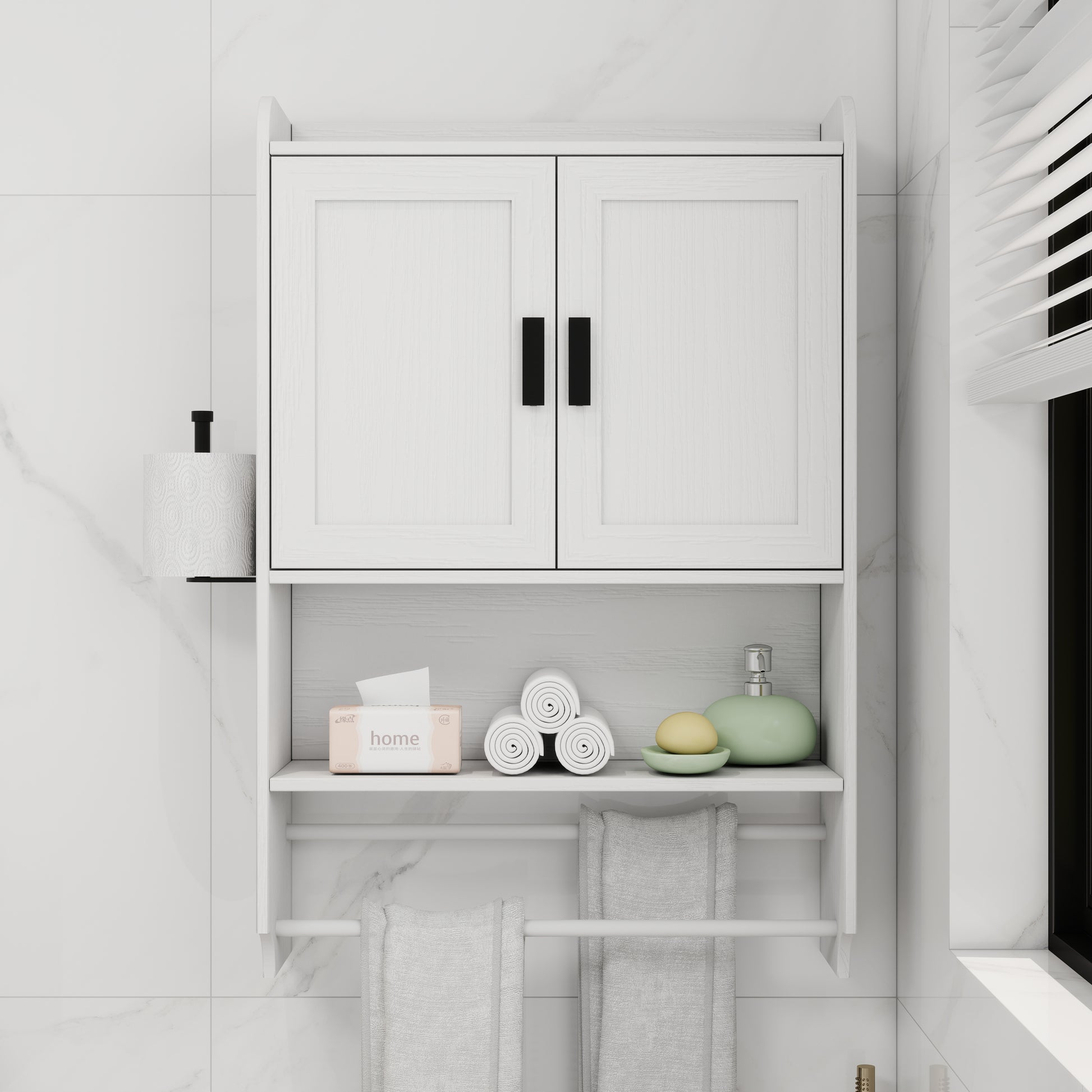 White Wood Metal Bathroom Wall Cabinet - Adjustable Shelf Storage