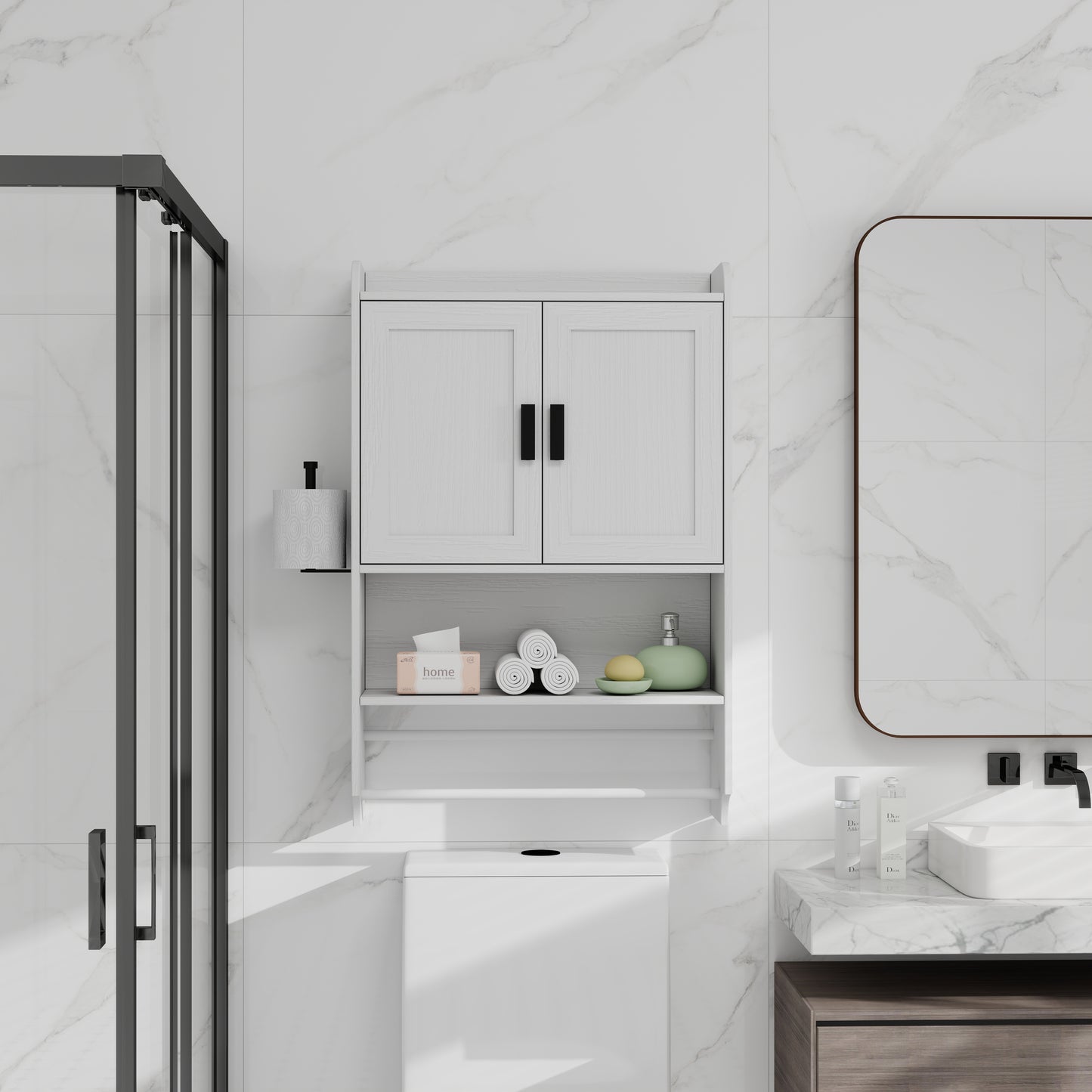 White Wood Metal Bathroom Wall Cabinet - Adjustable Shelf Storage