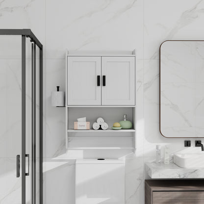 White Wood Metal Bathroom Wall Cabinet - Adjustable Shelf Storage