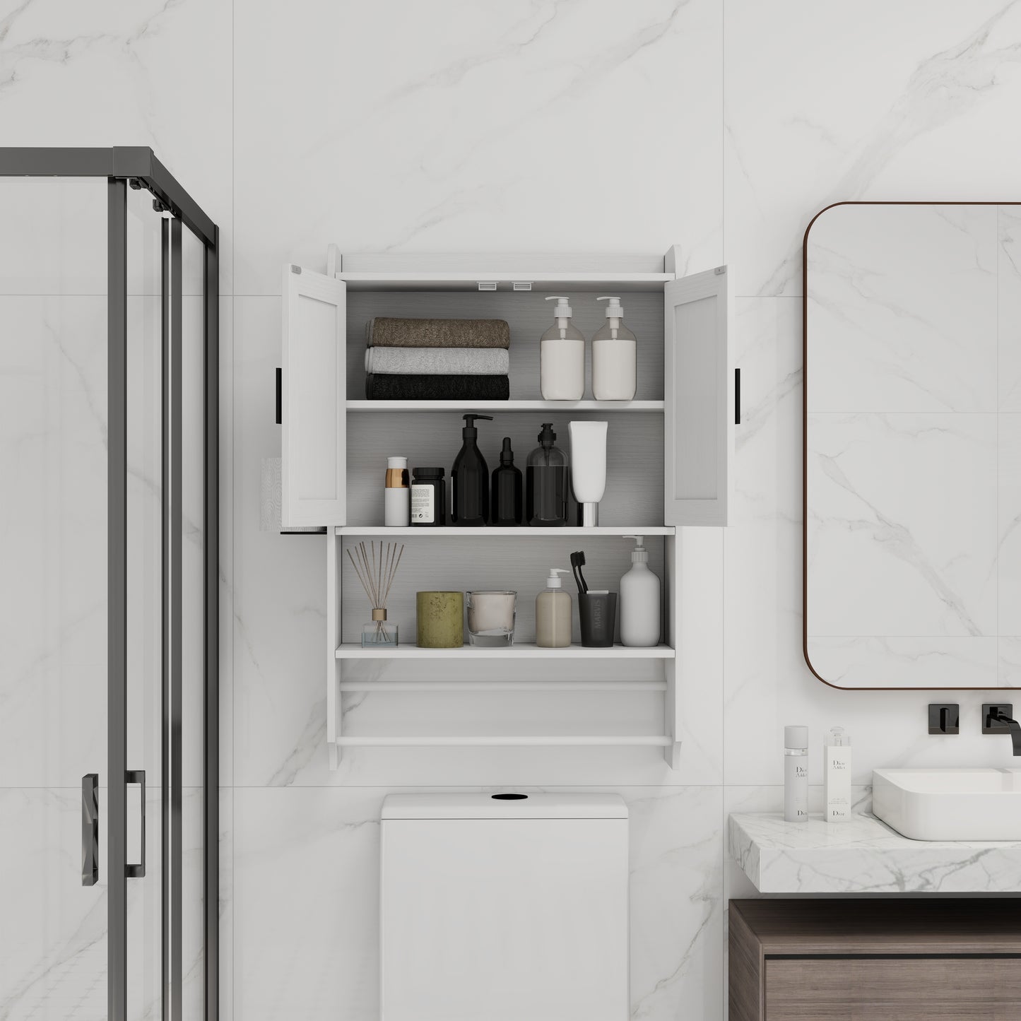 White Wood Metal Bathroom Wall Cabinet - Adjustable Shelf Storage