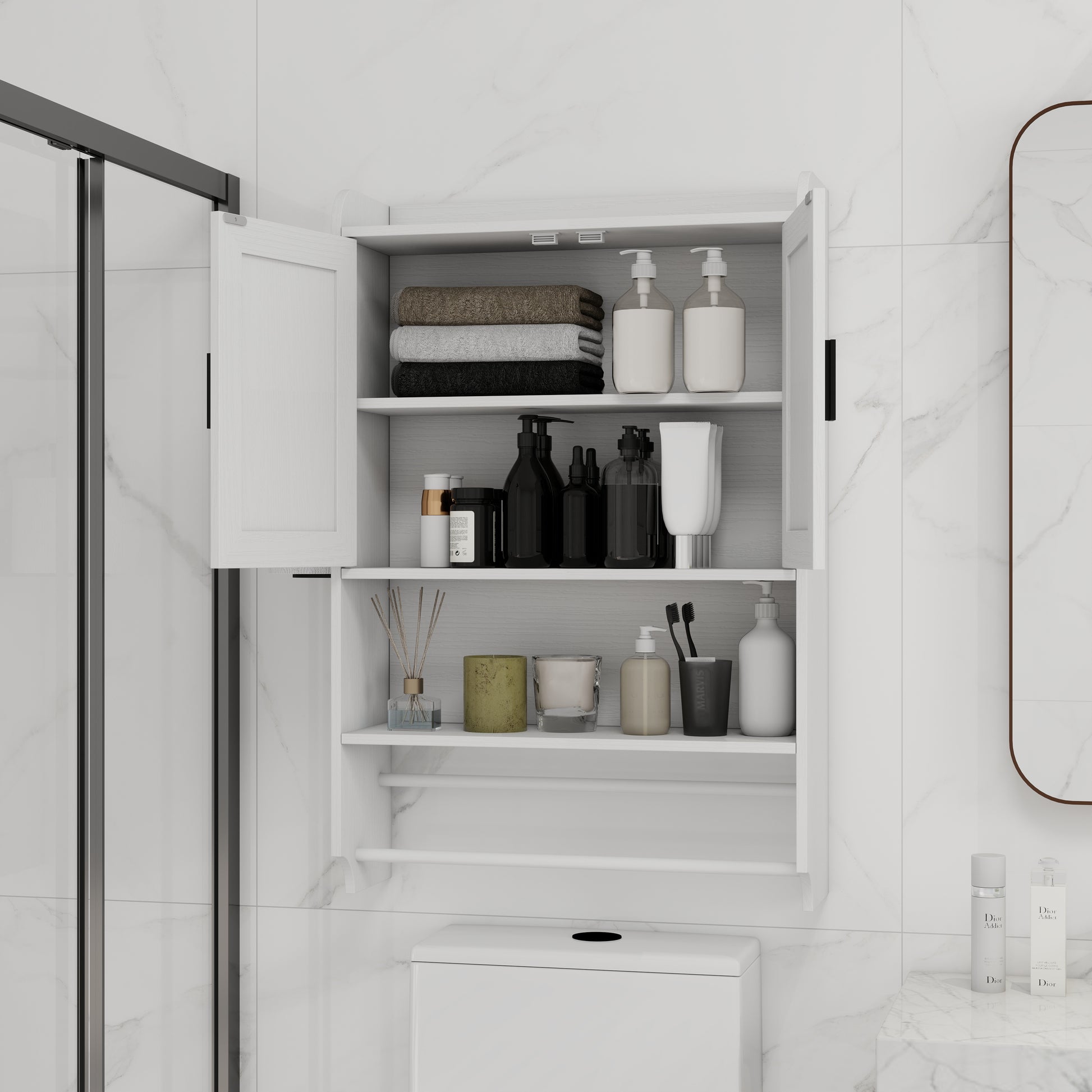 White Wood Metal Bathroom Wall Cabinet - Adjustable Shelf Storage
