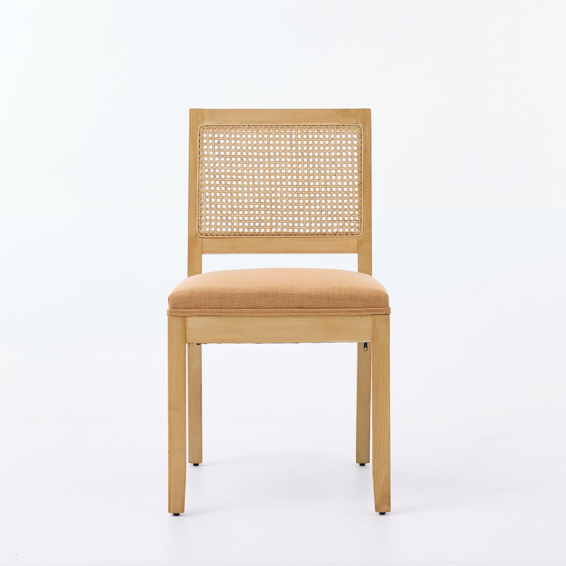 Tan Rattan Dining Chairs Set of 2 with Linen Seat and Wood Frame