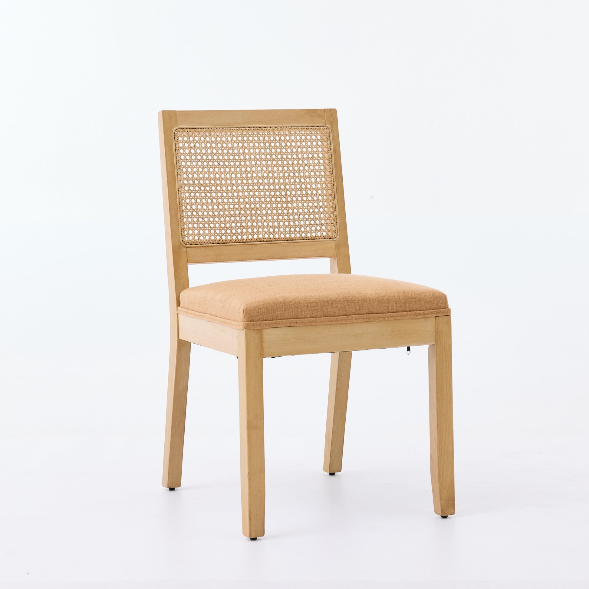 Tan Rattan Dining Chairs Set of 2 with Linen Seat and Wood Frame