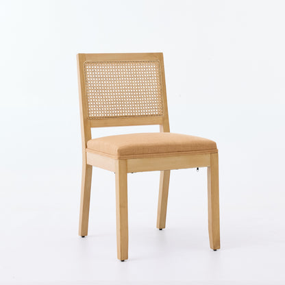 Tan Rattan Dining Chairs Set of 2 with Linen Seat and Wood Frame