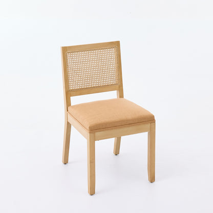 Tan Rattan Dining Chairs Set of 2 with Linen Seat and Wood Frame