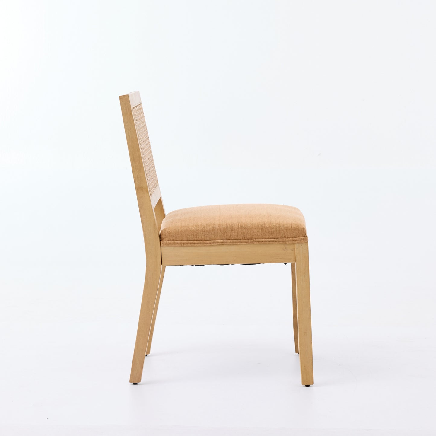 Tan Rattan Dining Chairs Set of 2 with Linen Seat and Wood Frame