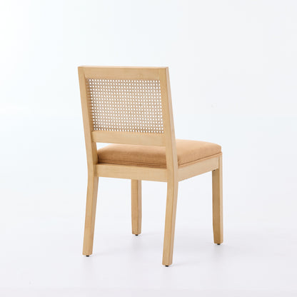 Tan Rattan Dining Chairs Set of 2 with Linen Seat and Wood Frame
