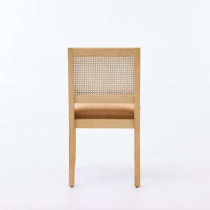 Tan Rattan Dining Chairs Set of 2 with Linen Seat and Wood Frame