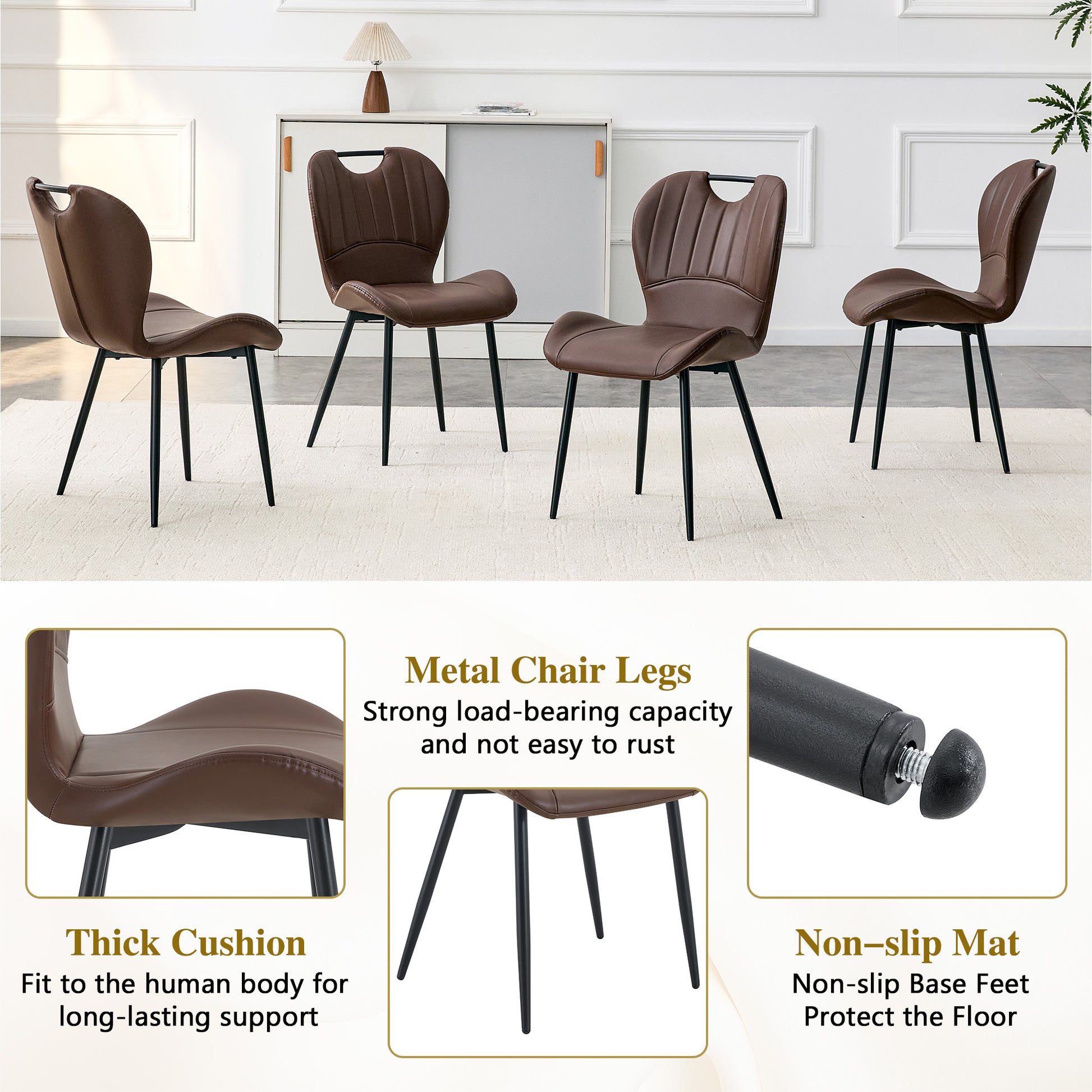 Set of 4 Black Brown PU Leather Dining Chairs for Modern Kitchen