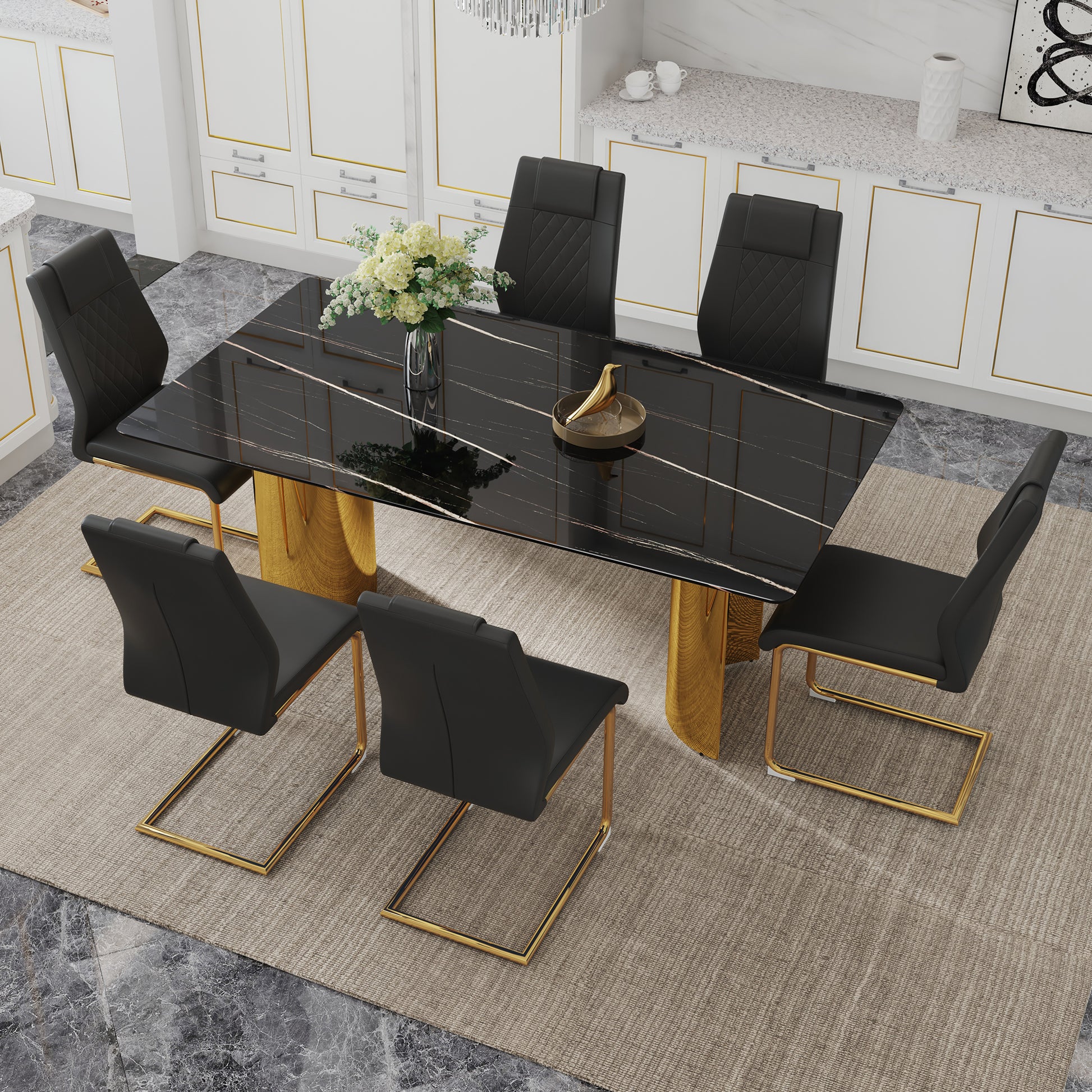 Gold Black Glass Dining Table Set with Stainless Steel Legs
