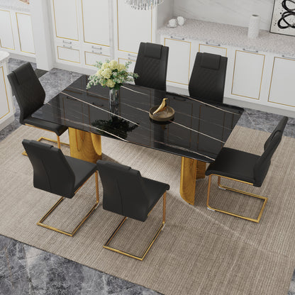 Gold Black Glass Dining Table Set with Stainless Steel Legs