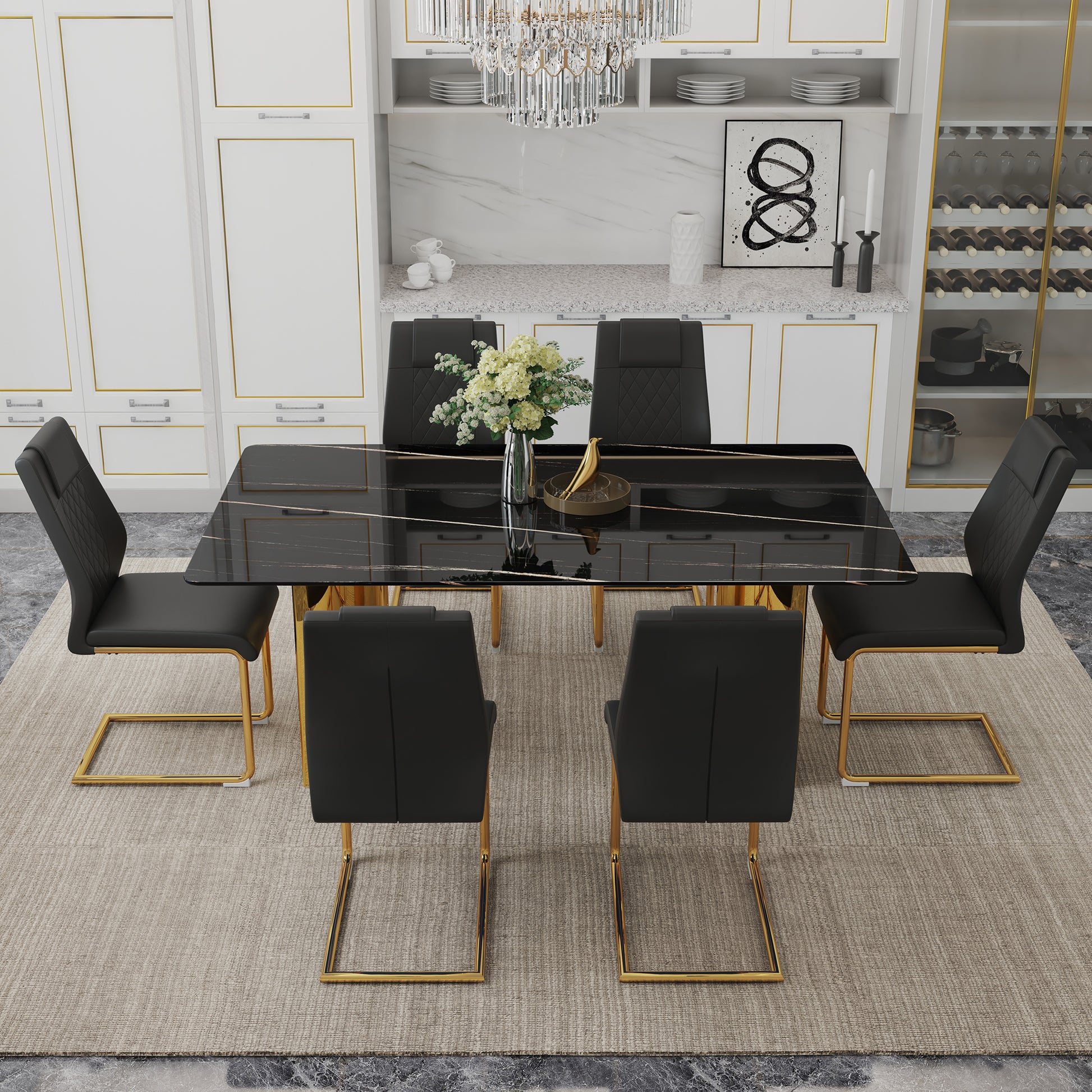Gold Black Glass Dining Table Set with Stainless Steel Legs